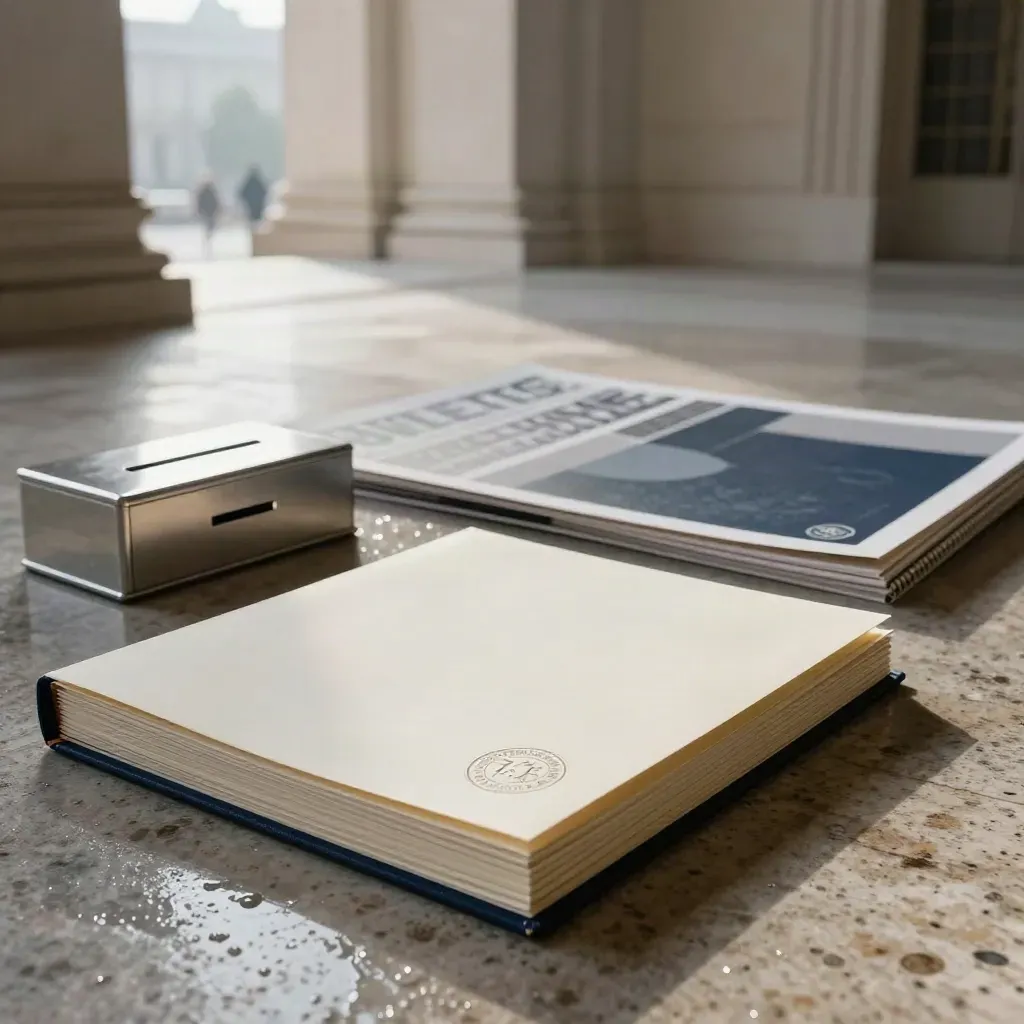 Foyer civico in pietra con cartelle blu, cassette donazioni e luce dell’alba dopo la pioggia.