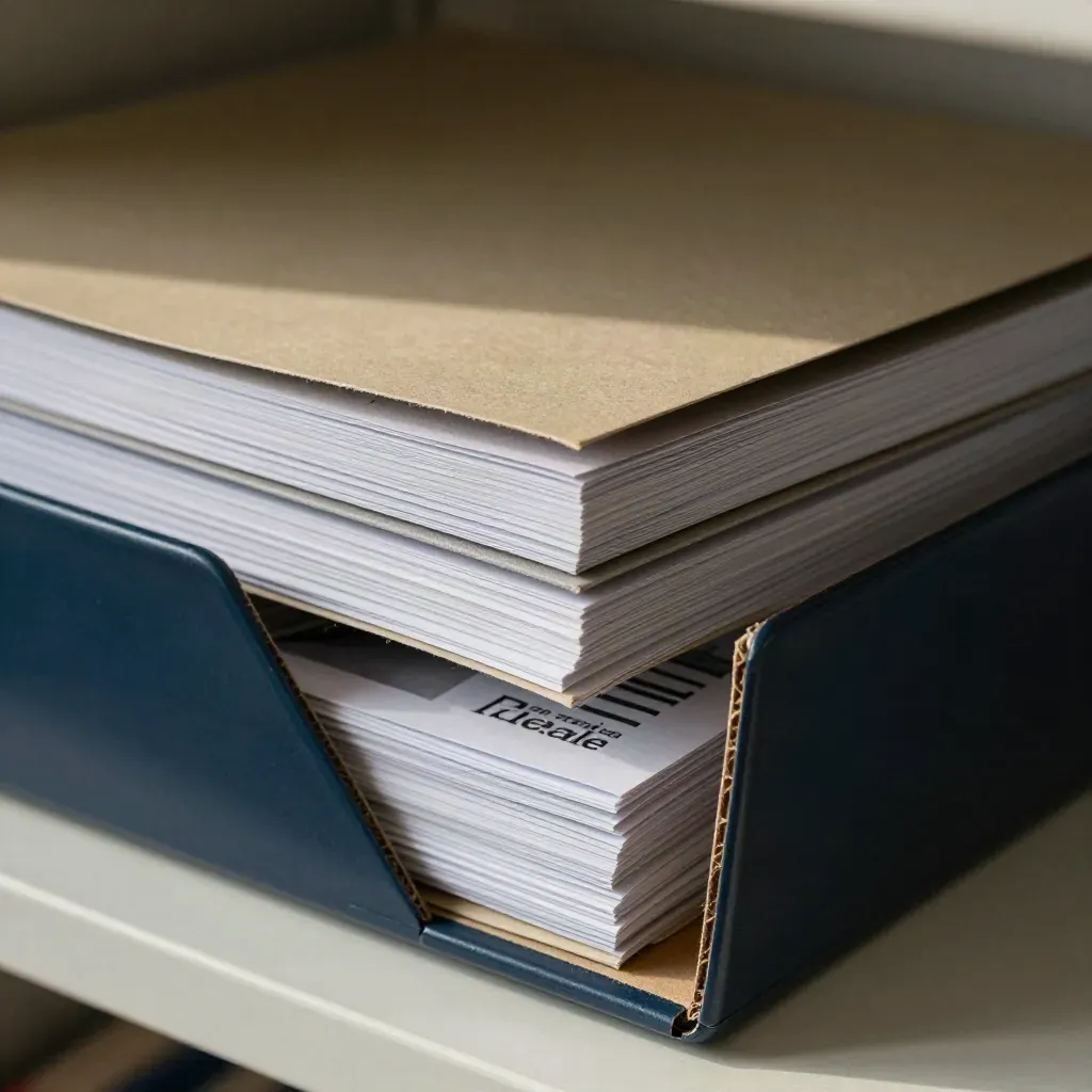 Cassetta stampa con cartelle chiuse e note editoriali in una redazione luminosa e fumosa.