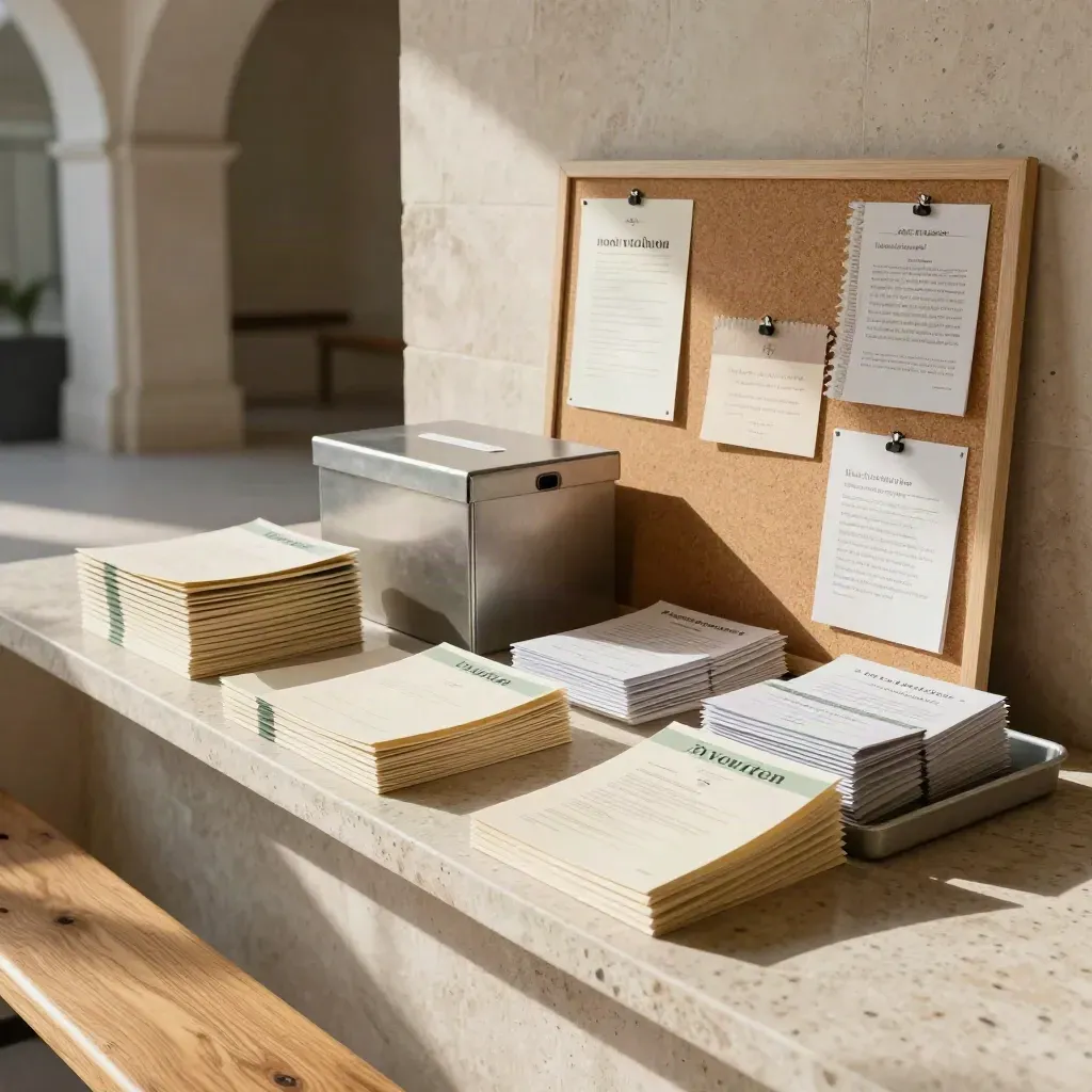 Allestimento civico finito in pietra con scatola donazioni, cartelle chiuse e bacheca materica.
