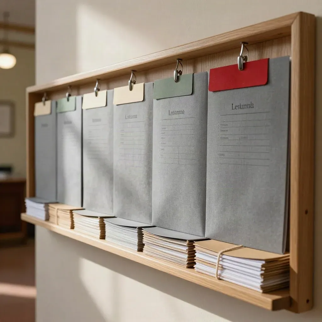 Archivio civico con otto dossier candidati uniformi su parete in legno, luce calda laterale.