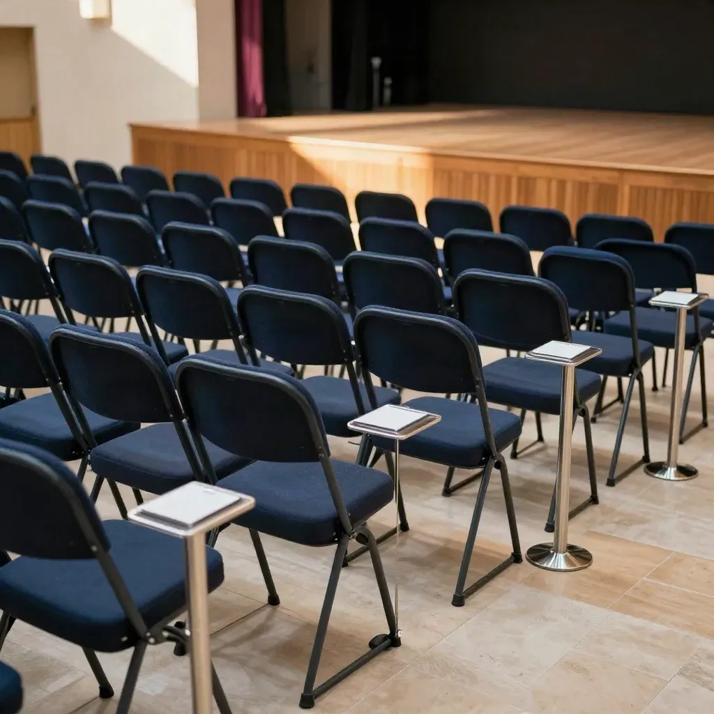 Sala civica vuota con sedie in fila, palco basso e punti iscrizione pronti, luce calda.