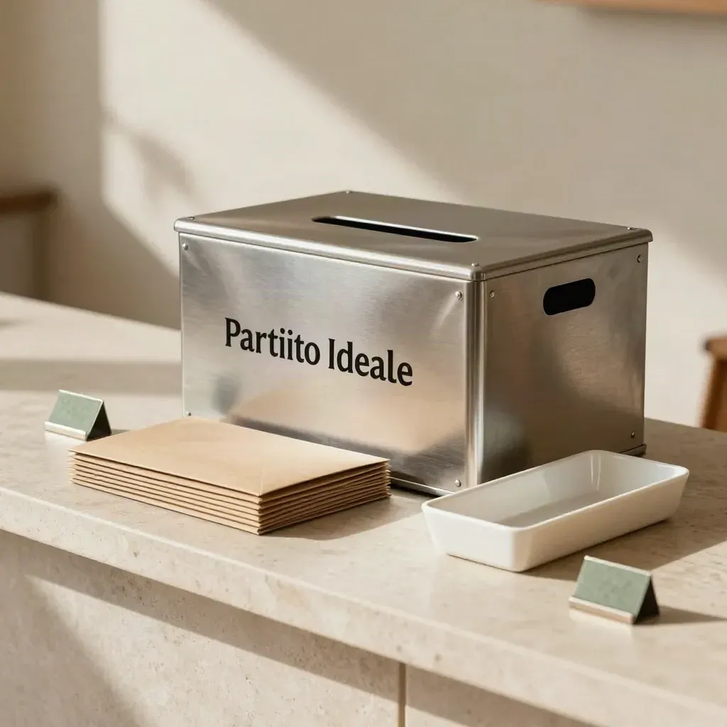 Postazione donazioni ordinata con contenitore chiuso, buste neutre e vaschetta ricevute vuota.