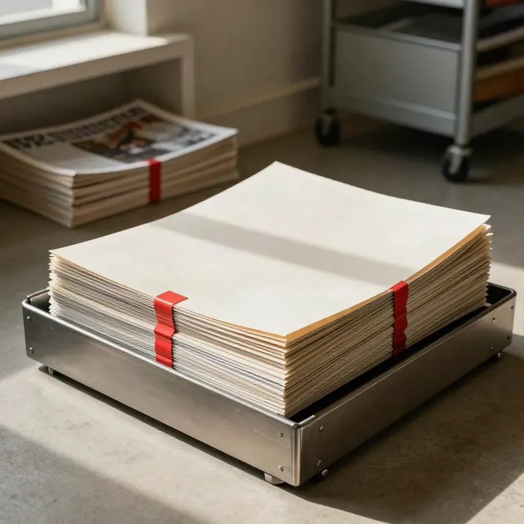 Tre pacchi di notizie settimanali escono da una vaschetta di stampa in un ufficio editoriale luminoso.