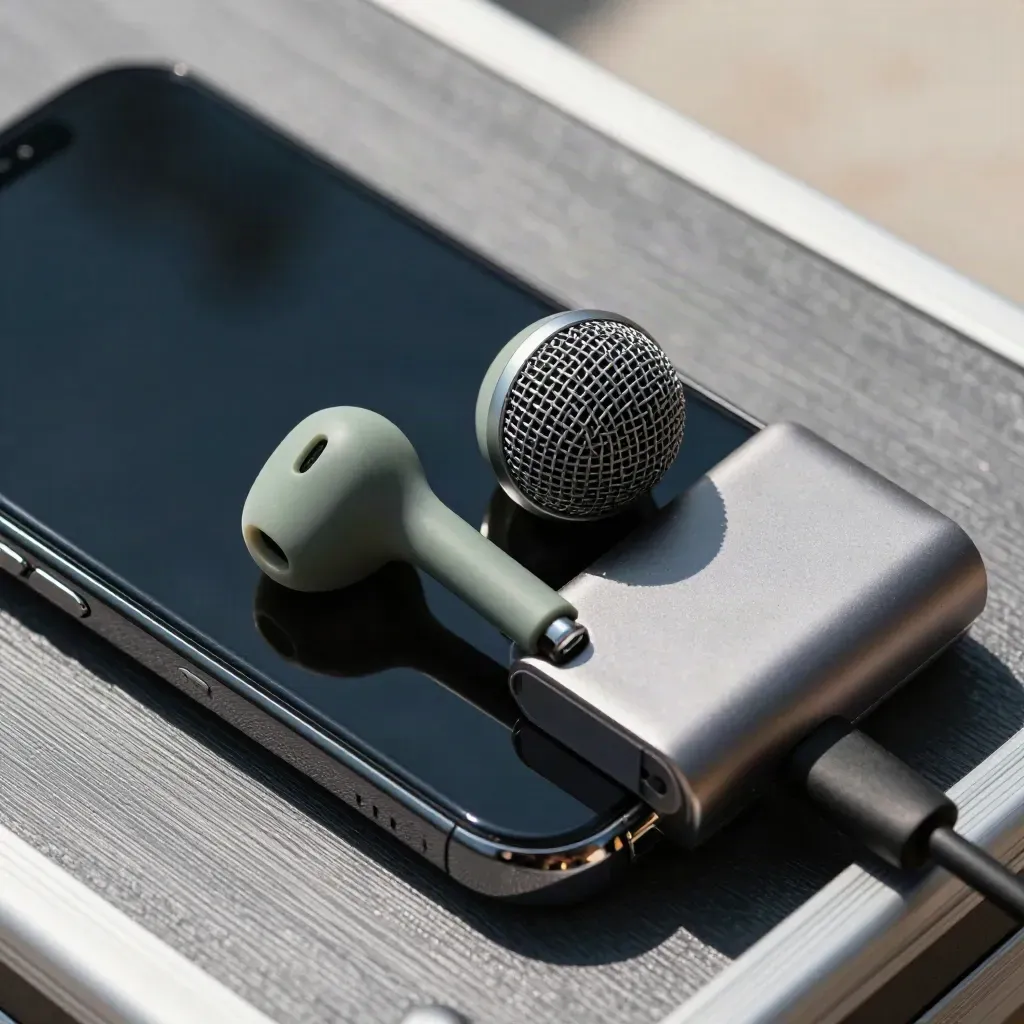 Telefono spento, microfono compatto, auricolari e power bank metallici su liner grafite