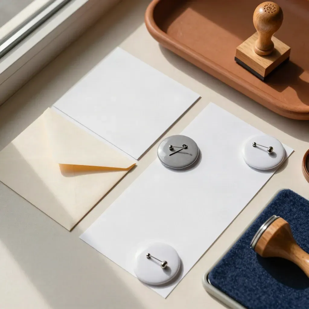 Tessere associative, timbro in legno, buste sigillate e badge neutri su fondo crema.