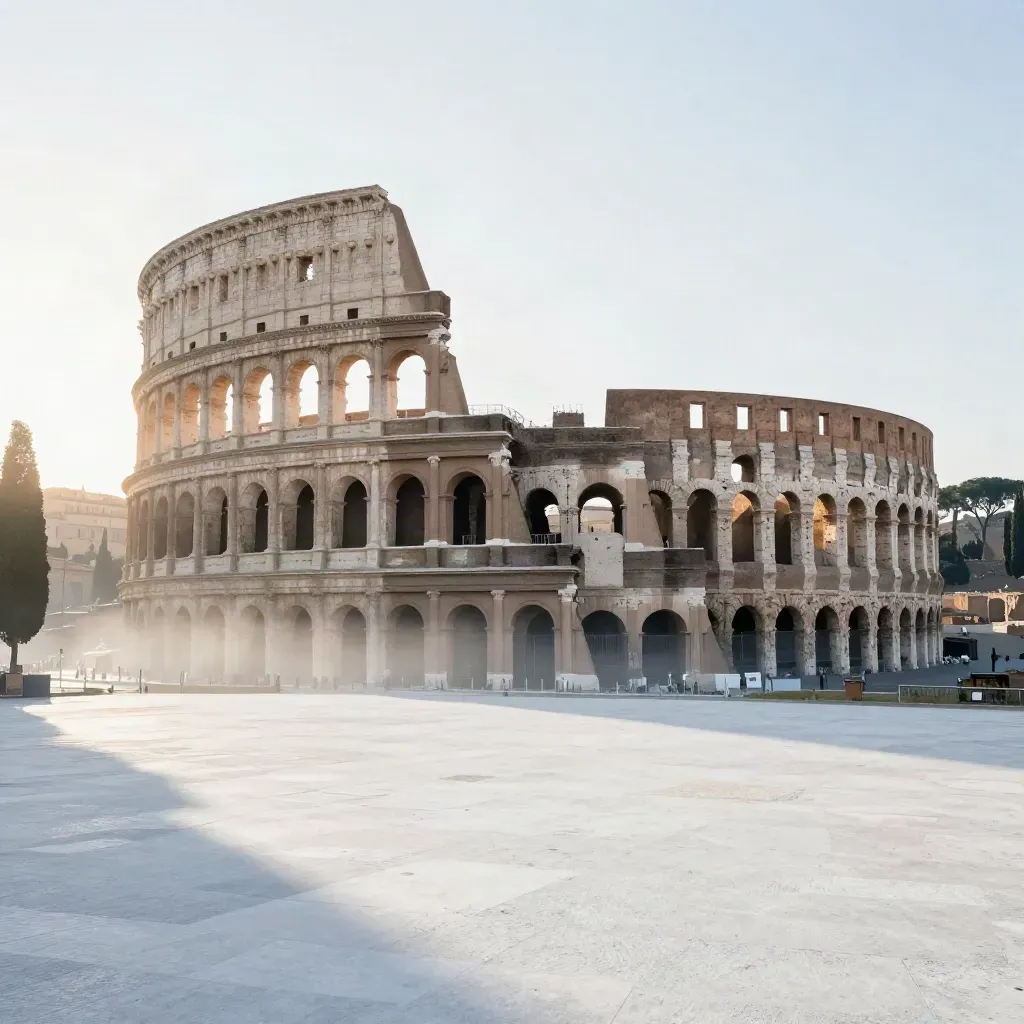 Il Colosseo emerge dalla bruma su pietra travertina, cielo lattiginoso e luce dorata.