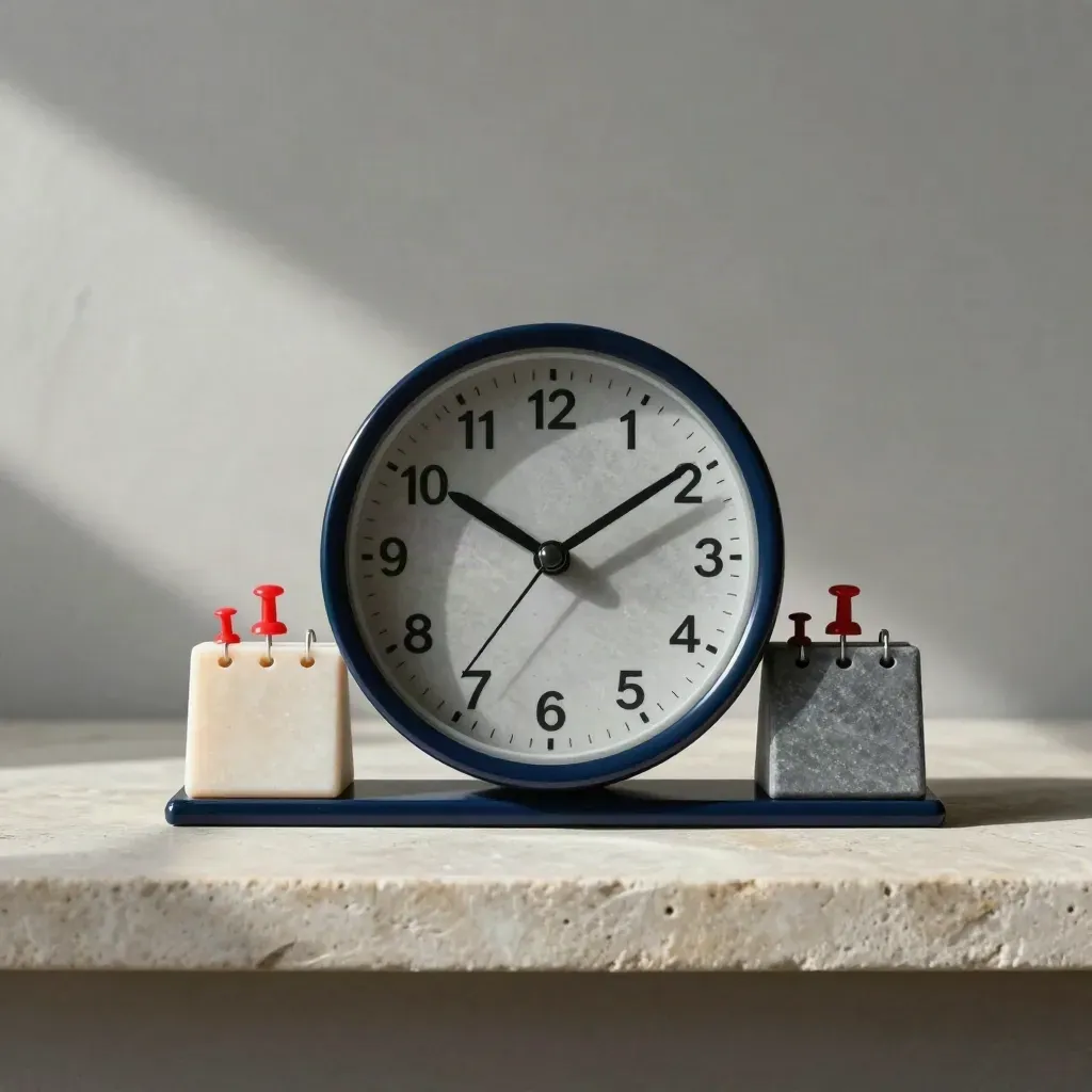 Orologio compatto, blocchi calendario, puntine rosse e guida navy su mensola in pietra.