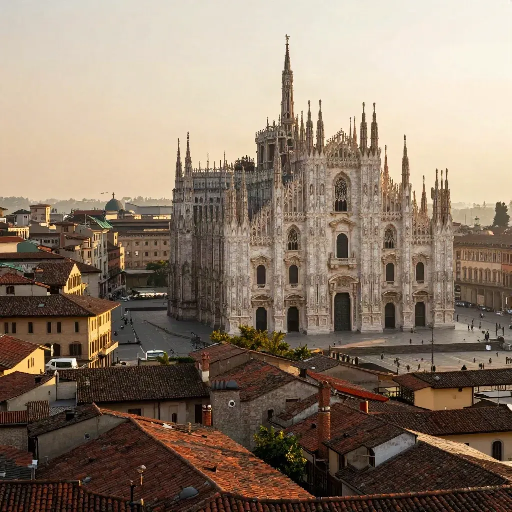 Il Duomo di Milano al tramonto sopra i tetti dorati della Lombardia
