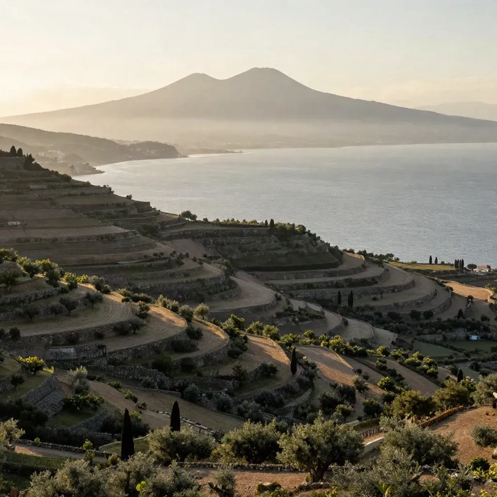 Campania all’alba con il Vesuvio lontano, costa verde e mare velato di bruma